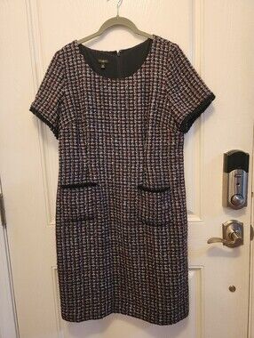 Talbots Black and Pink Multi Tweed Short-Sleeve Shift Dress